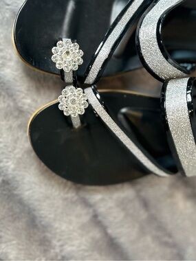 Black and Silver Crystal-Embellished Women's Thong Sandals